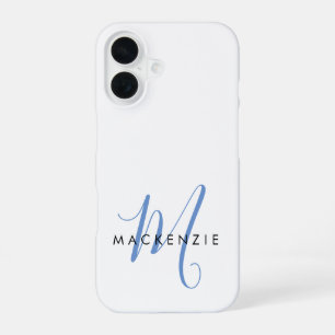 Elegant Modern White Blue Script Monogram iPhone 16 Case