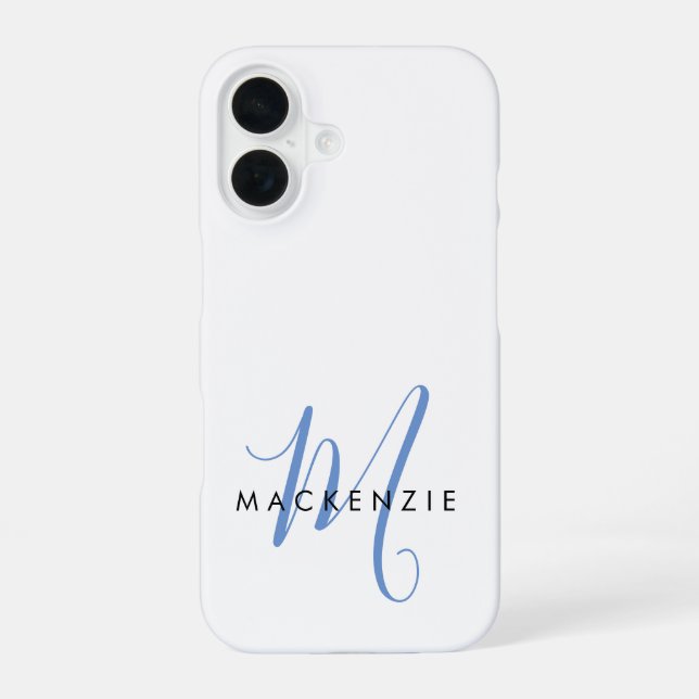 Elegant Modern White Blue Script Monogram iPhone 16 Case (Back)