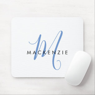 Elegant Modern White Blue Script Monogram Mouse Mat