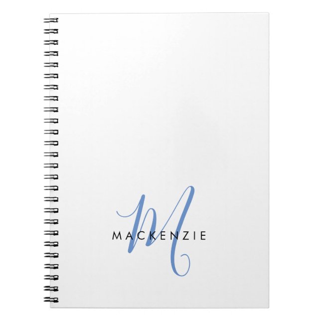 Elegant Modern White Blue Script Monogram Notebook (Front)