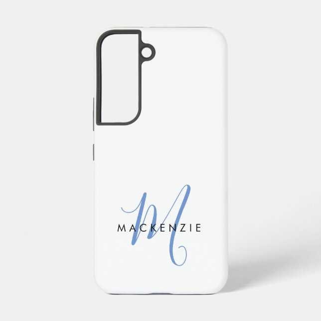 Elegant Modern White Blue Script Monogram Samsung Galaxy S22 Case (Back)