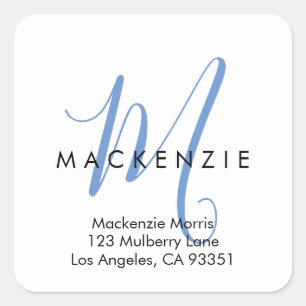 Elegant Modern White Blue Script Monogram Square Sticker
