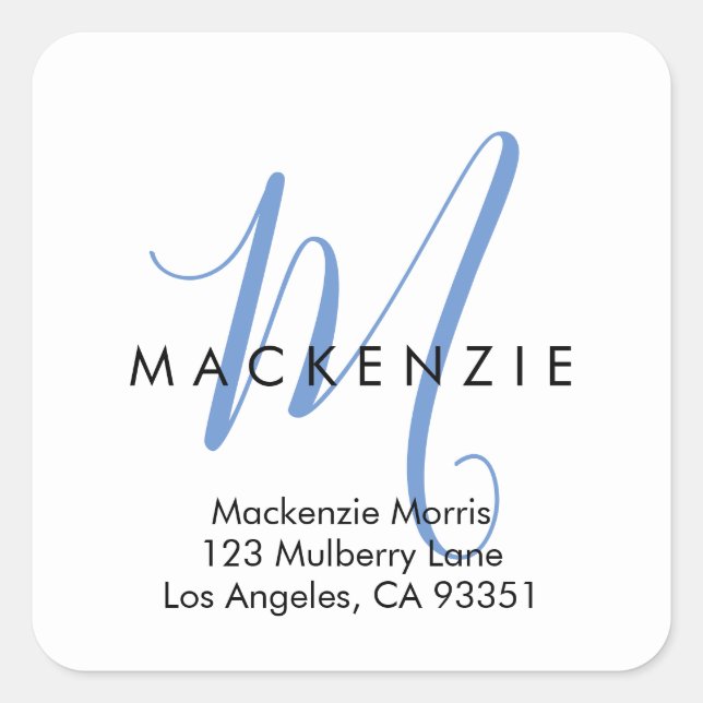 Elegant Modern White Blue Script Monogram Square Sticker (Front)