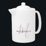 Elegant Modern White Blush Pink Script Monogram<br><div class="desc">Elegant Modern White Blush Pink Script Monogram teapot.  An elegant blush pink script monogram combined with a clean black san-serif font makes for a contemporary look.</div>