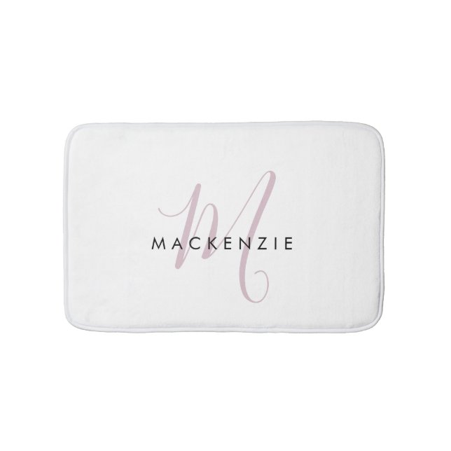 Elegant Modern White Blush Pink Script Monogram Bath Mat (Front)