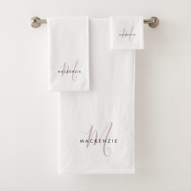 Elegant Modern White Blush Pink Script Monogram Bath Towel Set (Insitu)