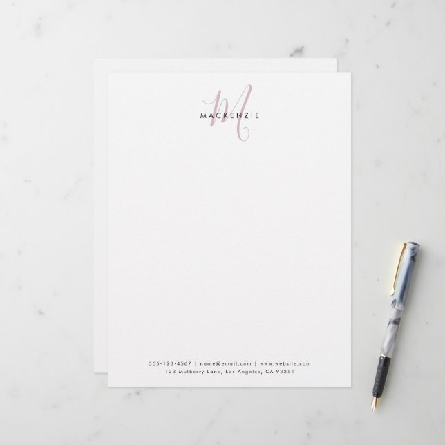 Elegant Modern White Blush Pink Script Monogram Custom Letterhead (Front/Back In Situ)