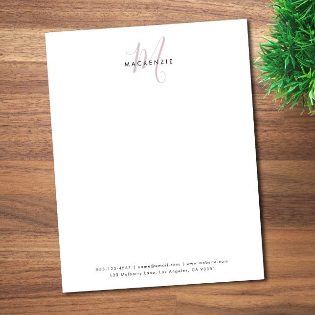 Elegant Modern White Blush Pink Script Monogram Custom Letterhead (Creator Uploaded)