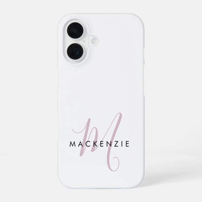 Elegant Modern White Blush Pink Script Monogram iPhone 16 Case (Back)