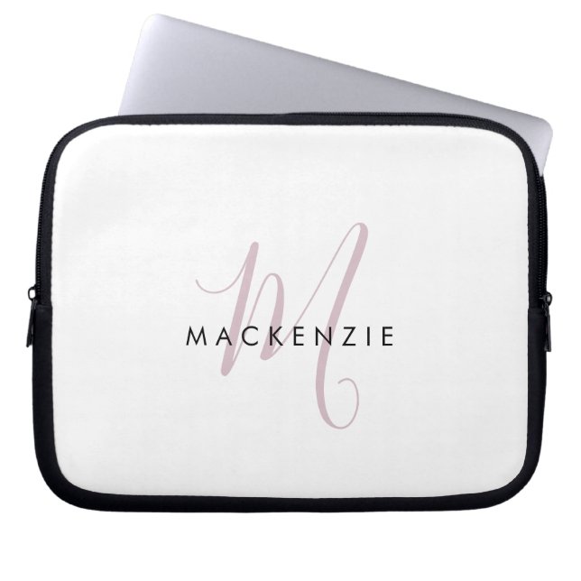 Elegant Modern White Blush Pink Script Monogram Laptop Sleeve (Front)
