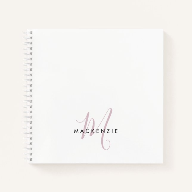 Elegant Modern White Blush Pink Script Monogram Notebook (Front)