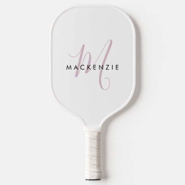 Elegant Modern White Blush Pink Script Monogram Pickleball Paddle (Front)