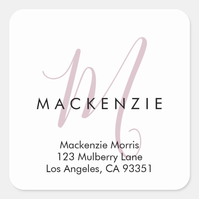 Elegant Modern White Blush Pink Script Monogram Square Sticker (Front)
