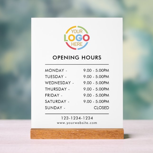 Elegant Modern White | Business Logo Opening Hours Acrylic Sign (Neutral)