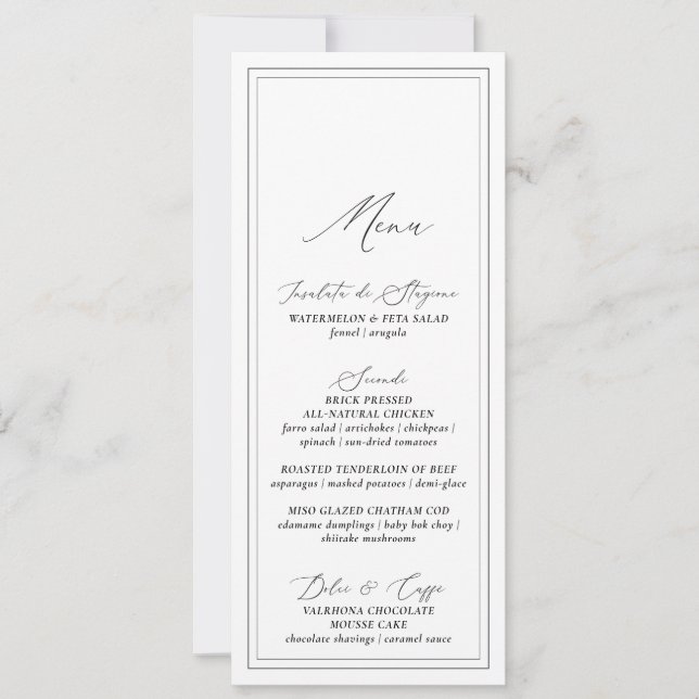 Elegant Modern White Calligraphy Wedding Menu Card (Front)