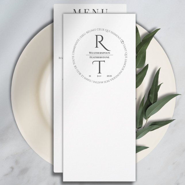 Elegant Modern White Charcoal Monogram Wedding  Menu (Creator Uploaded)