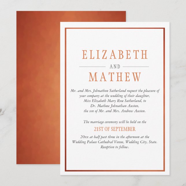 Elegant Modern White Copper Orange Wedding Invitation (Front/Back)