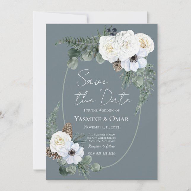 Elegant Modern White Floral and Slate Grey Wedding Invitation (Front)