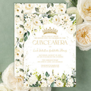 Elegant Modern White Floral Gold Quinceañera Invitation