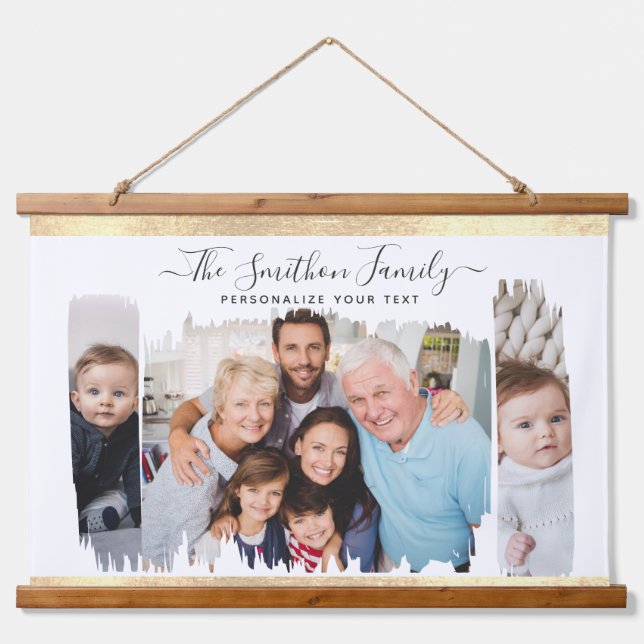  Elegant Modern White & Gold Add Your Photo Family Hanging Tapestry (Front)
