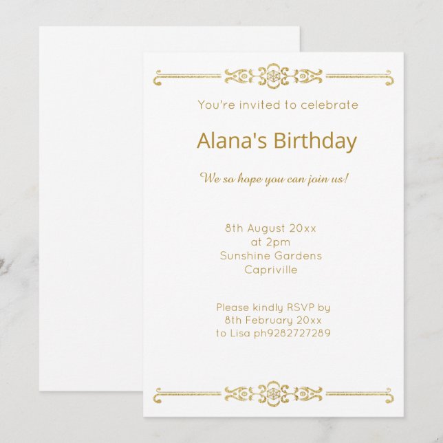 ELEGANT MODERN White GOLD BORDER Invitation (Front/Back)
