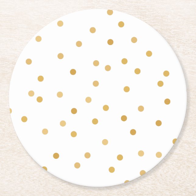 Elegant Modern White Gold Confetti Dots Round Paper Coaster (Front)