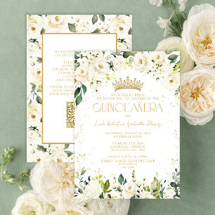 Elegant Modern White Gold Floral QR Quinceañera Invitation
