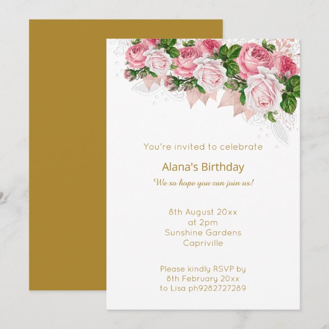 ELEGANT MODERN WHITE GOLD LACE PINK BOUQUET INVITATION (Front/Back)