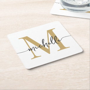 Elegant Modern White Gold Monogram Name Script Square Paper Coaster
