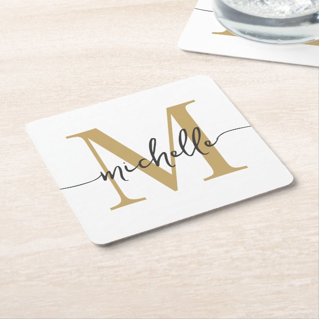Elegant Modern White Gold Monogram Name Script Square Paper Coaster (Angled)