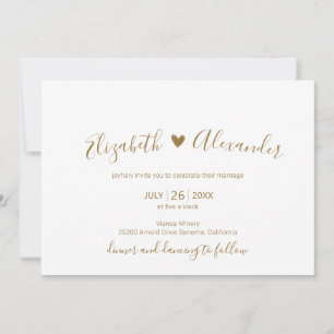 Elegant Modern White Gold Script Heart Wedding  Invitation