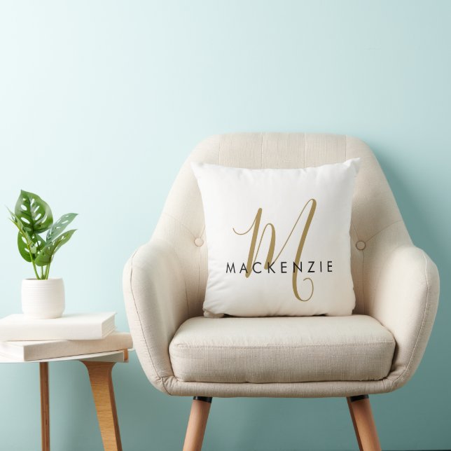 Elegant Modern White Gold Script Monogram Cushion (Chair)