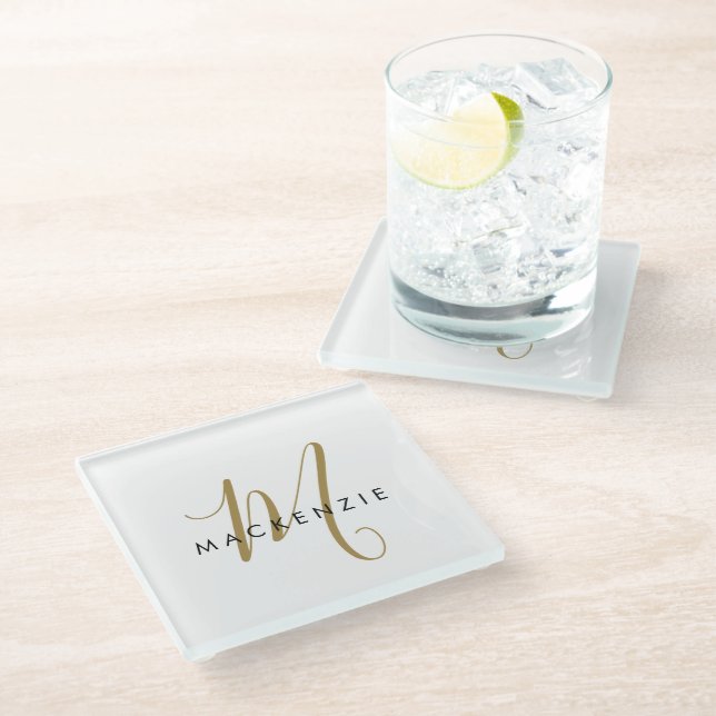 Elegant Modern White Gold Script Monogram Glass Coaster (Angled)