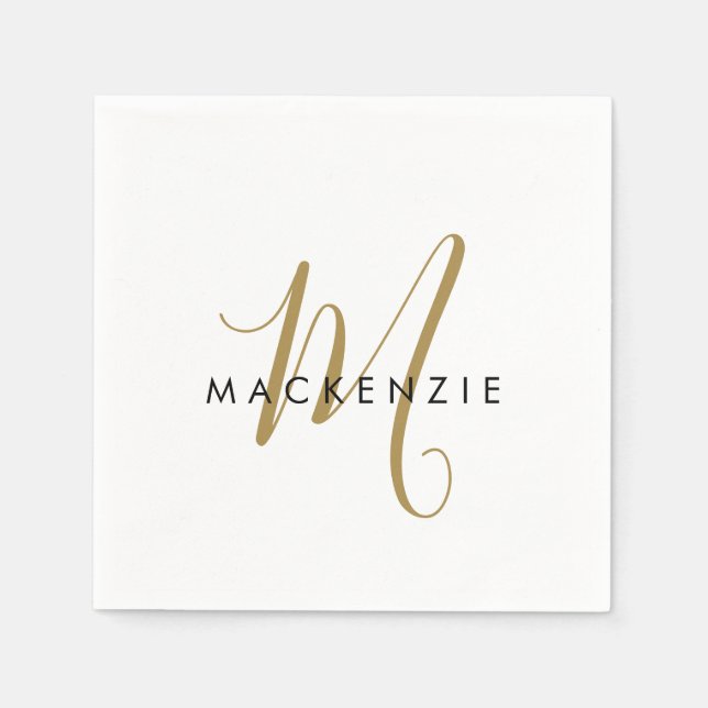 Elegant Modern White Gold Script Monogram Napkin (Front)