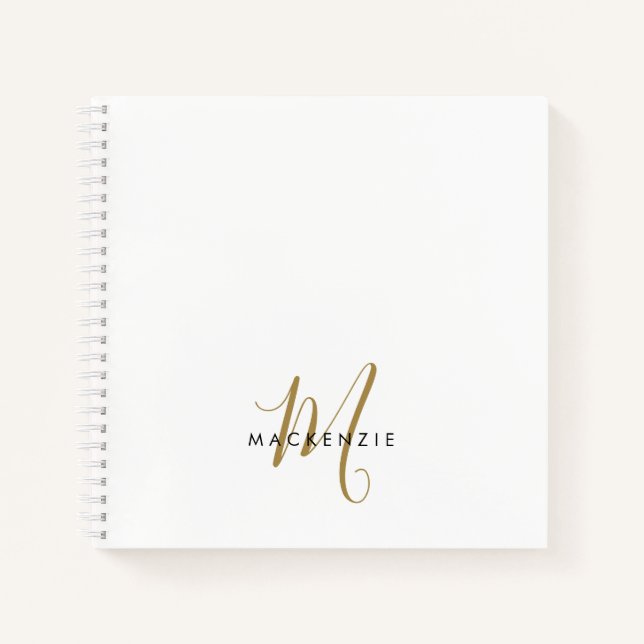 Elegant Modern White Gold Script Monogram Notebook (Front)