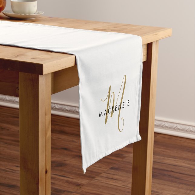Elegant Modern White Gold Script Monogram Short Table Runner (In Situ)