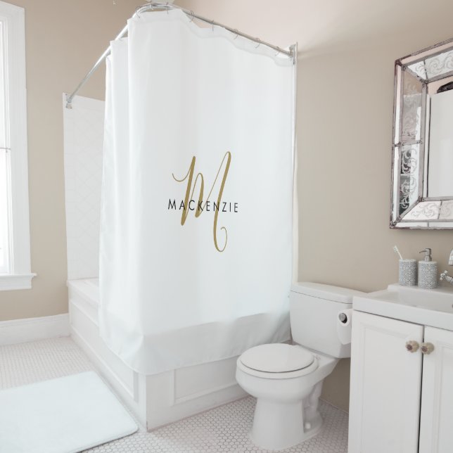 Elegant Modern White Gold Script Monogram Shower Curtain (In Situ)