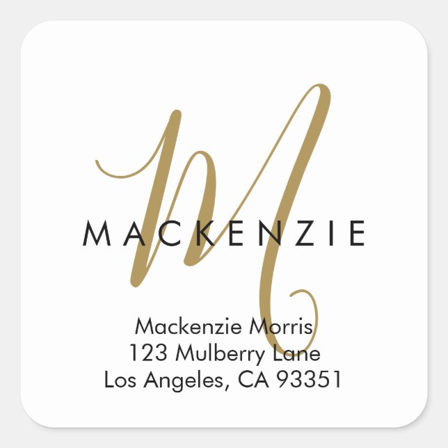 Elegant Modern White Gold Script Monogram Square Sticker (Front)