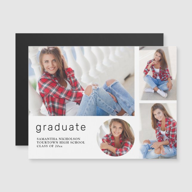 Elegant Modern White Graduation 4 Photo Collage Magnetic Invitation (Front/Back)