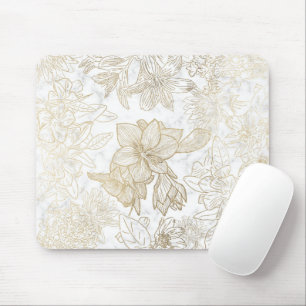 Elegant modern white gray gold marble floral mouse mat
