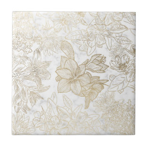 Elegant modern white gray gold marble floral tile
