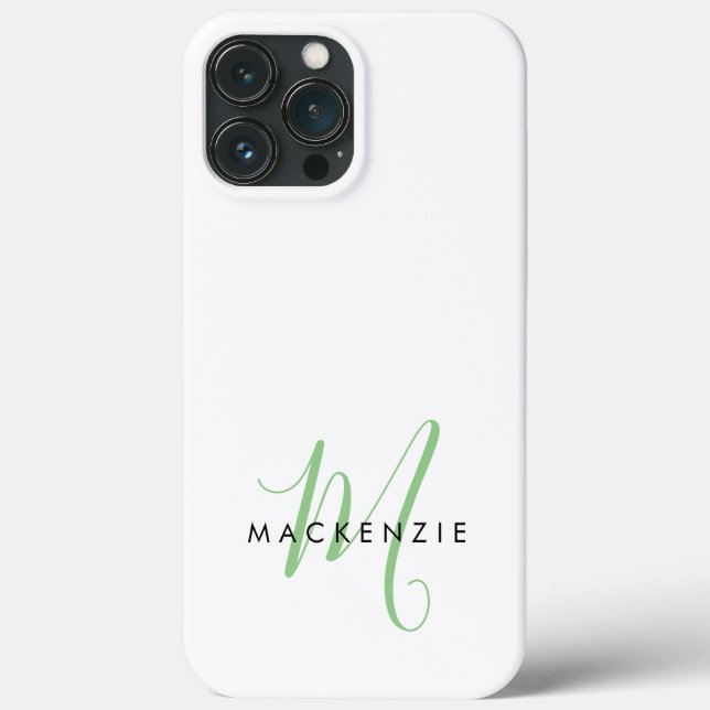 Elegant Modern White Green Script Monogram Case-Mate iPhone Case (Back)