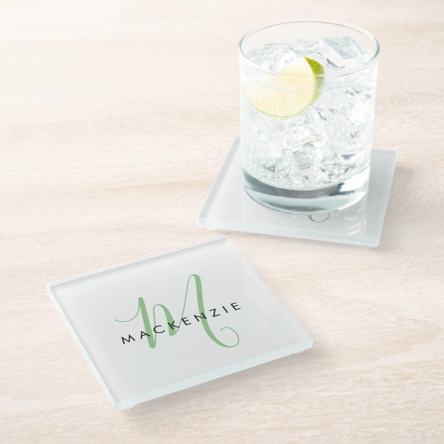 Elegant Modern White Green Script Monogram Glass Coaster (Angled)