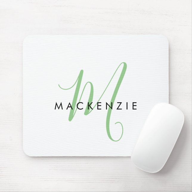Elegant Modern White Green Script Monogram Mouse Mat (With Mouse)