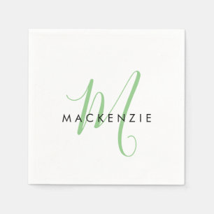 Elegant Modern White Green Script Monogram Napkin