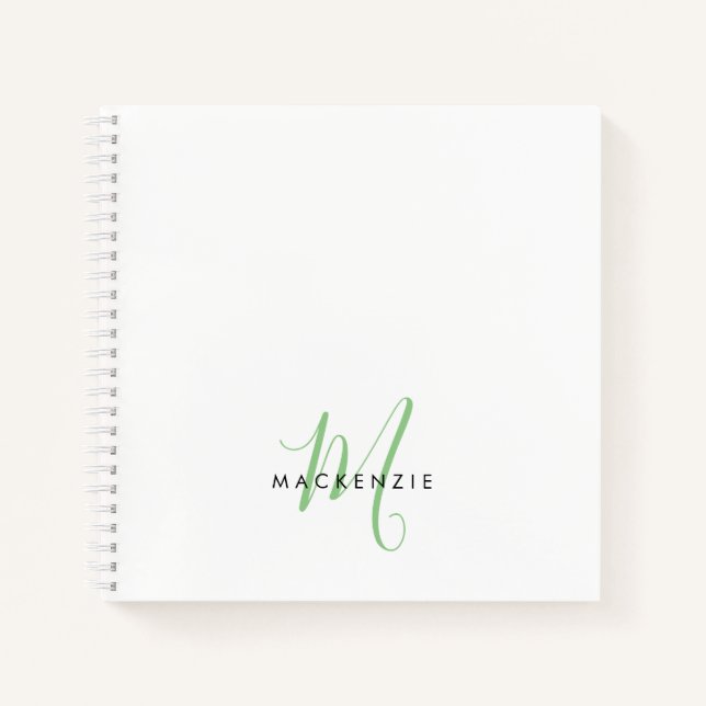 Elegant Modern White Green Script Monogram Notebook (Front)