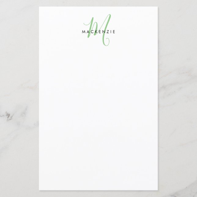 Elegant Modern White Green Script Monogram Paper (Front)