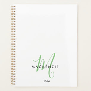 Elegant Modern White Green Script Monogram Planner