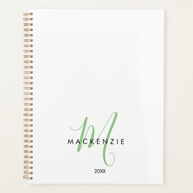Elegant Modern White Green Script Monogram Planner (Front)