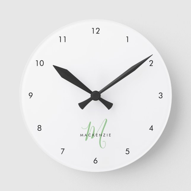 Elegant Modern White Green Script Monogram Round Clock (Front)